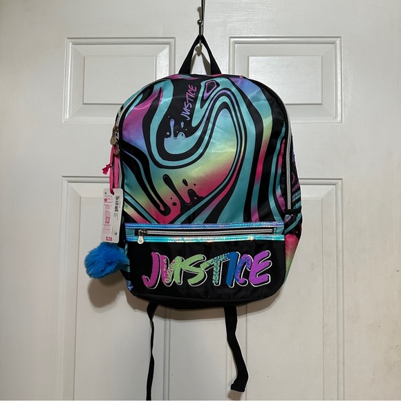 Justice Other - Justice Girls 17” Large Laptop Flip Backpack w/ Pom Key Chain Multicolor NWT $28